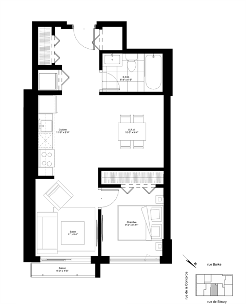 Floor plan for 1 bed, 1 bath, 645 sqft